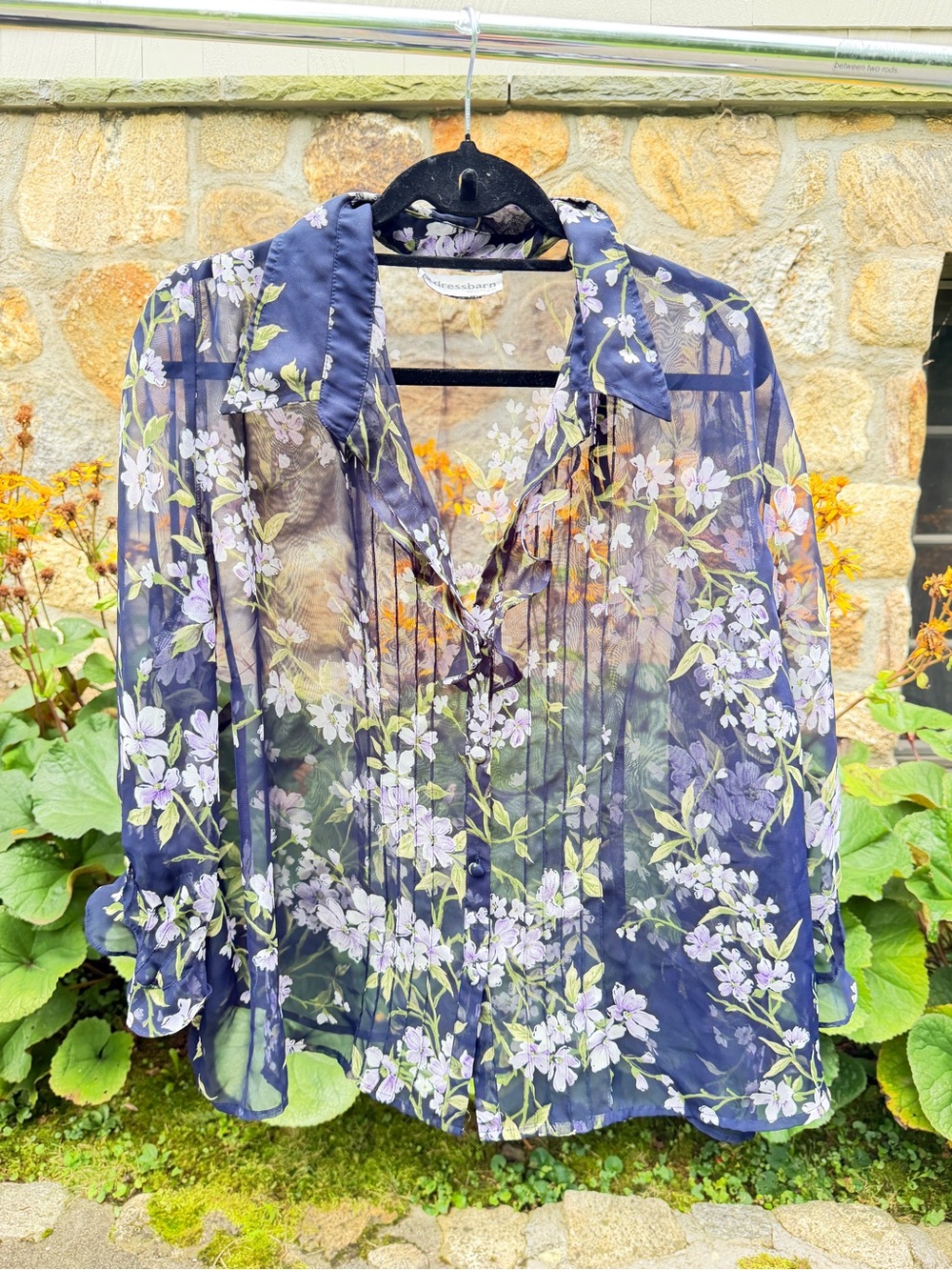 dressbarn Navy Sheer Floral Tie-Neck Blouse